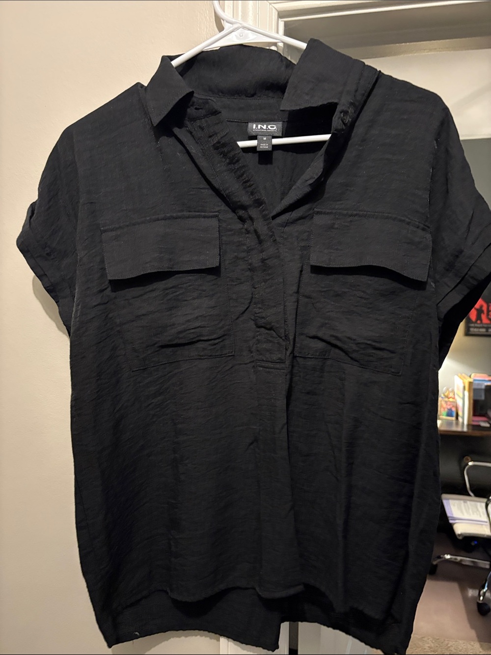 INC International Concepts Black Textured Short Sleeve Utility Shirt